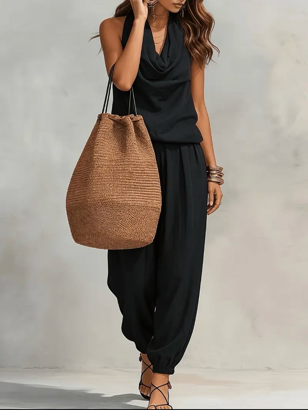 Women’s 2 piece Black Halter linen Jumpsuit. - Picture 5 of 8